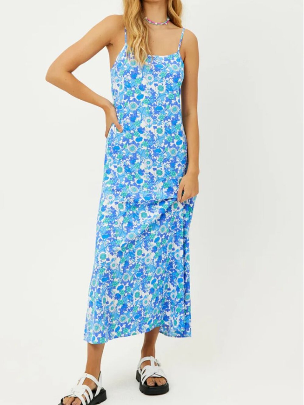Frankie's Bikinis Isabel Floral Maxi Dress Blue White Slip Dress XS